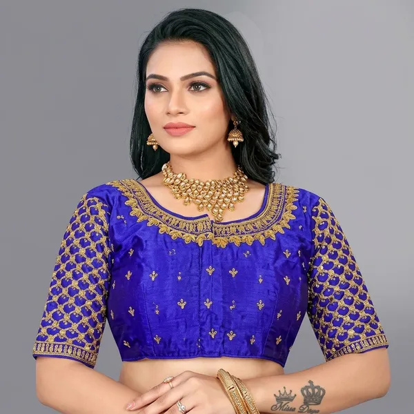 Blue_Silk_Padded_Embroidered_Mid_Scoop_Neck_Blouse_For_Women