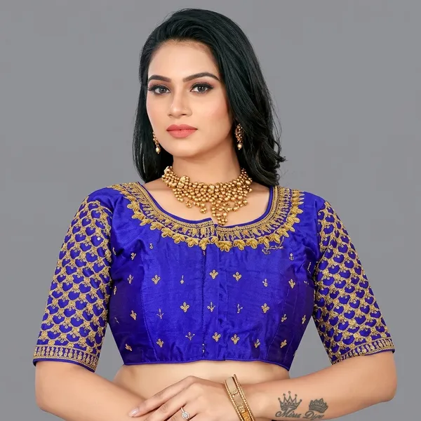Blue_Silk_Padded_Embroidered_Mid_Scoop_Neck_Blouse_For_Women
