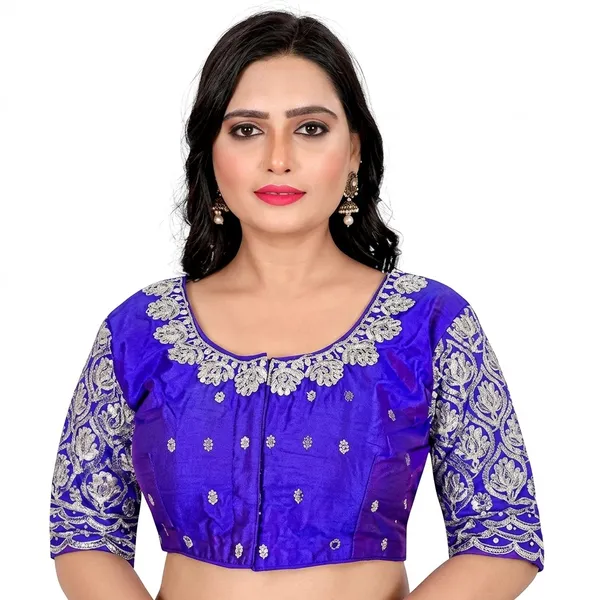 Blue_Silk_Padded_Front_Open_Round_Neck_Blouse_For_Women