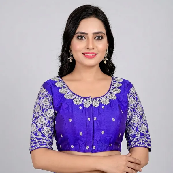 Blue_Silk_Padded_Front_Open_Round_Neck_Blouse_For_Women