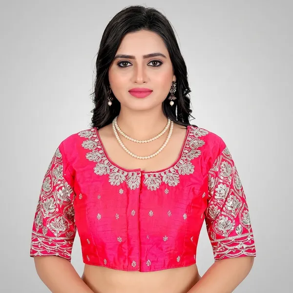 Pink_Silk_Padded_Round_Neck_Blouse_For_Women
