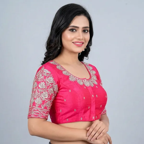 Pink_Silk_Padded_Round_Neck_Blouse_For_Women