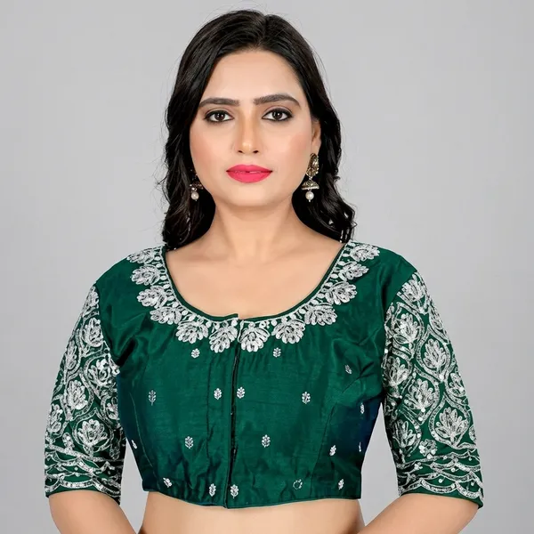 Green_Silk_Padded_Round_Neck_Blouse_For_Women