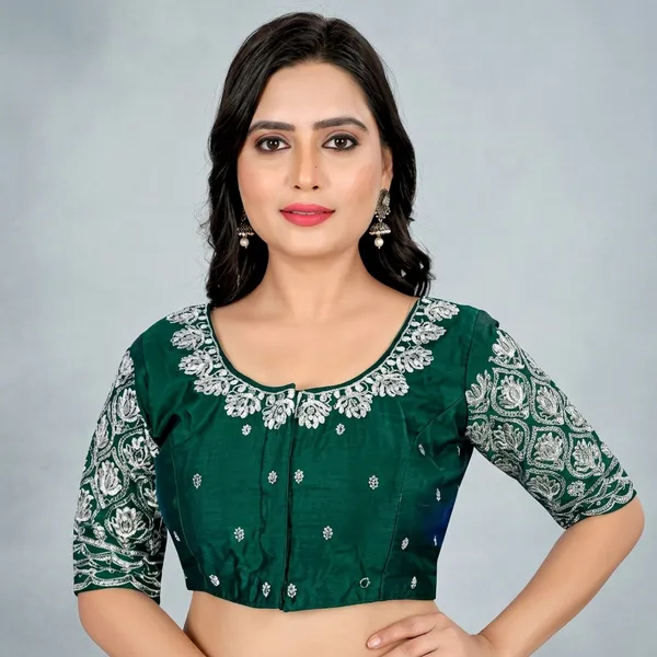 Green_Silk_Padded_Round_Neck_Blouse_For_Women