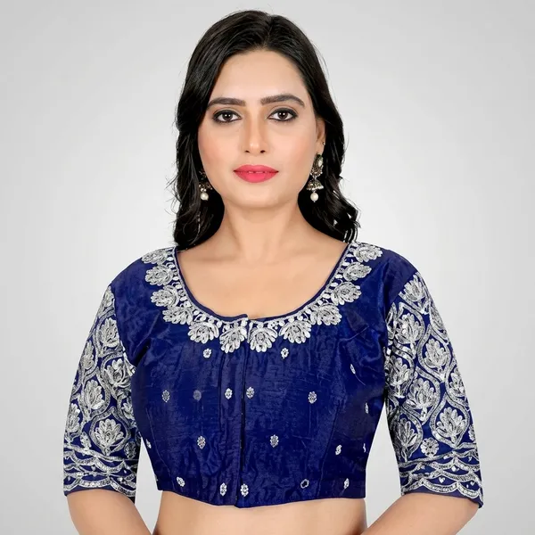 Navy_Blue_Silk_Padded_Round_Neck_Blouse_For_Women