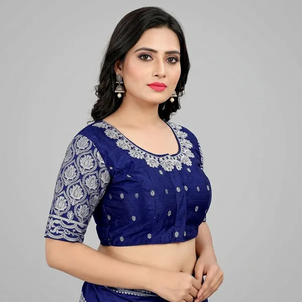 Navy_Blue_Silk_Padded_Round_Neck_Blouse_For_Women