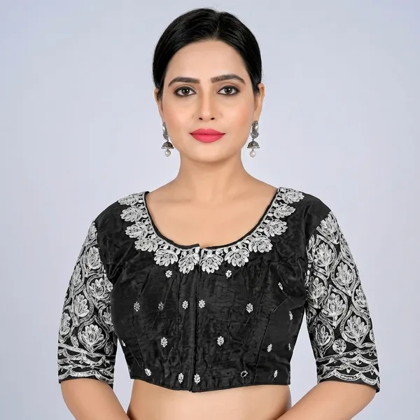 Black_Silk_Padded_Front_Open_Round_Neck_Blouse_For_Women