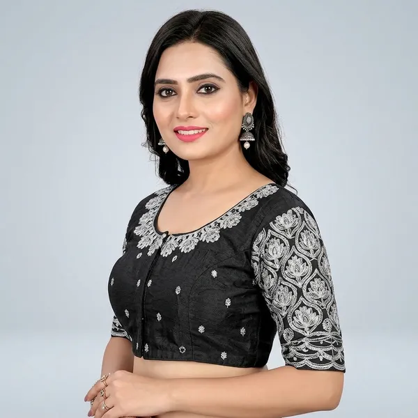 Black_Silk_Padded_Front_Open_Round_Neck_Blouse_For_Women