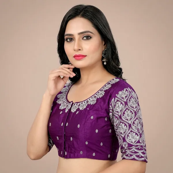 Purple_Silk_Padded_Round_Neck_Blouse_For_Women