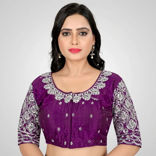 Purple_Silk_Padded_Round_Neck_Blouse_For_Women