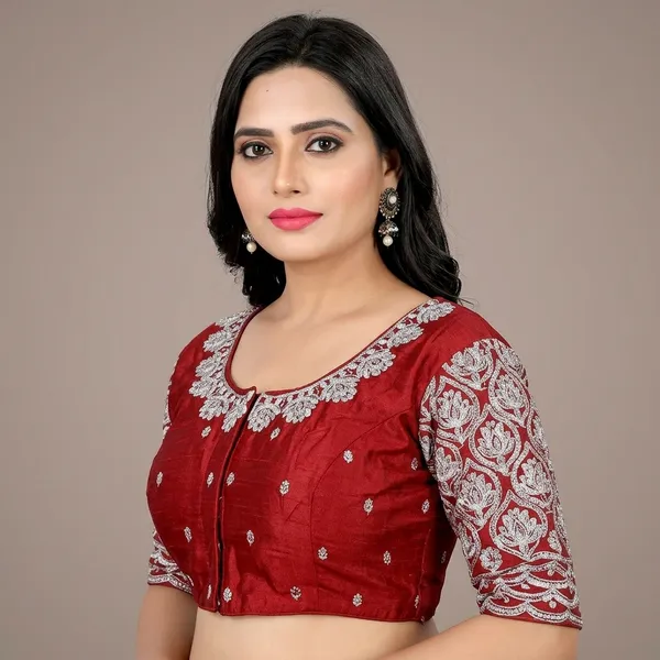 Maroon_Silk_Padded_Round_Neck_Blouse_For_Women