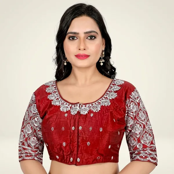 Maroon_Silk_Padded_Round_Neck_Blouse_For_Women