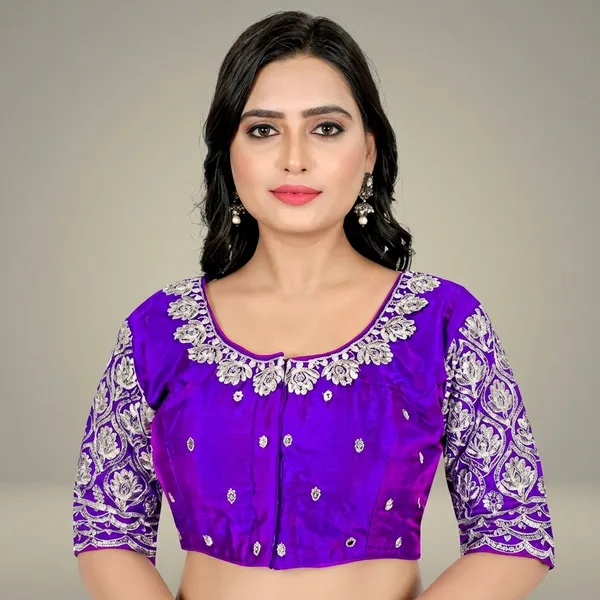 Blue_Silk_Padded_Round_Neck_Blouse_For_Women