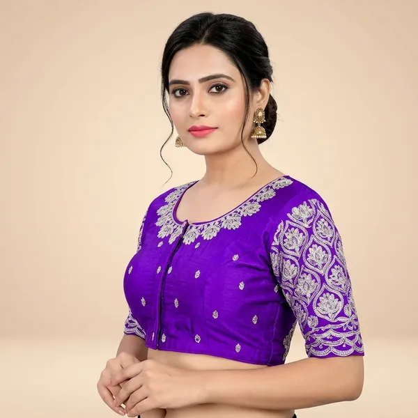 Blue_Silk_Padded_Round_Neck_Blouse_For_Women