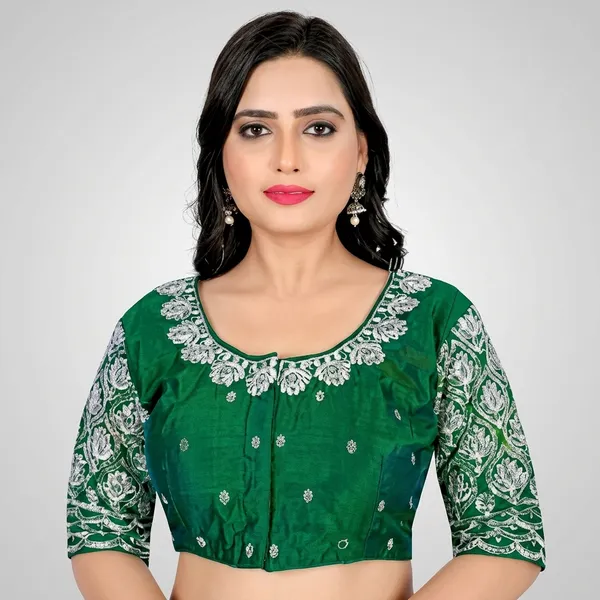 Green_Silk_Padded_Round_Neck_Blouse_For_Women