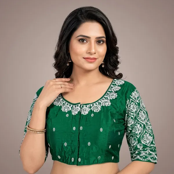Green_Silk_Padded_Round_Neck_Blouse_For_Women