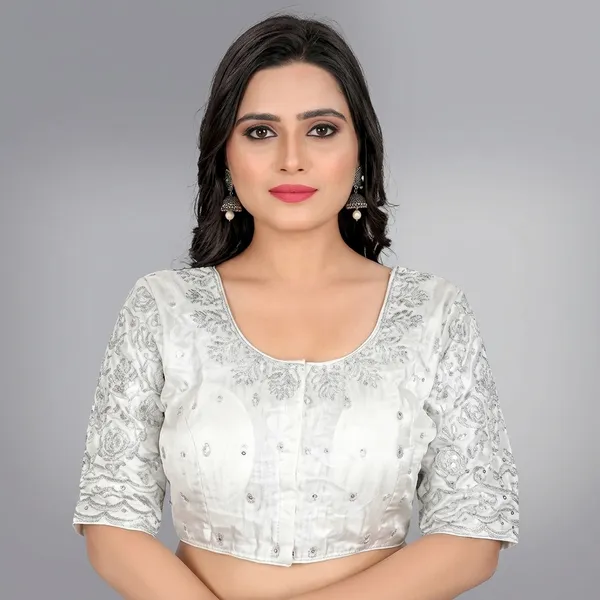 White_Silk_Padded_Round_Neck_Blouse_For_Women