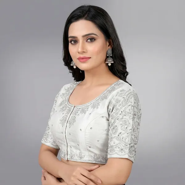 White_Silk_Padded_Round_Neck_Blouse_For_Women