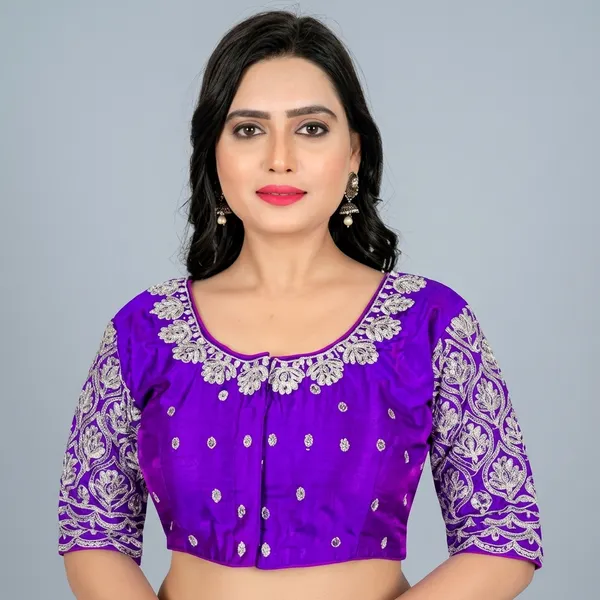 Purple_Silk_Padded_Front_Open_Round_Neck_Blouse_For_Women