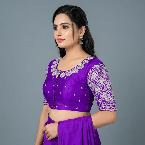 Purple_Silk_Padded_Front_Open_Round_Neck_Blouse_For_Women