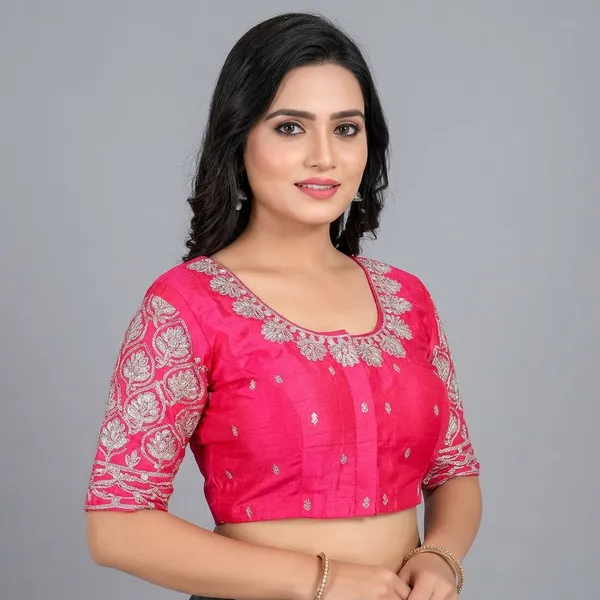 Pink_Silk_Three-Quarter_Sleeve_Round_Neck_Blouse_For_Women