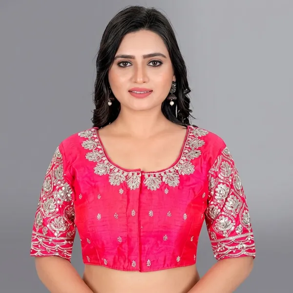 Pink_Silk_Three-Quarter_Sleeve_Round_Neck_Blouse_For_Women