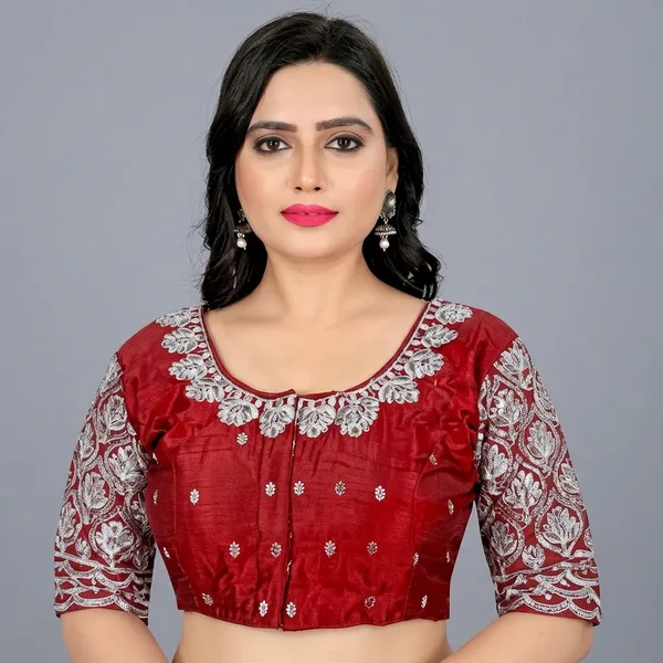 Maroon_Silk_Round_Neck_Padded_Blouse_For_Women