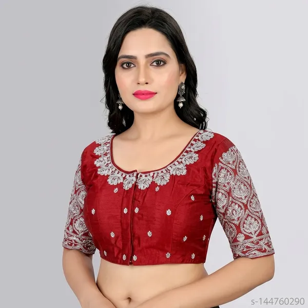 Maroon_Silk_Round_Neck_Padded_Blouse_For_Women