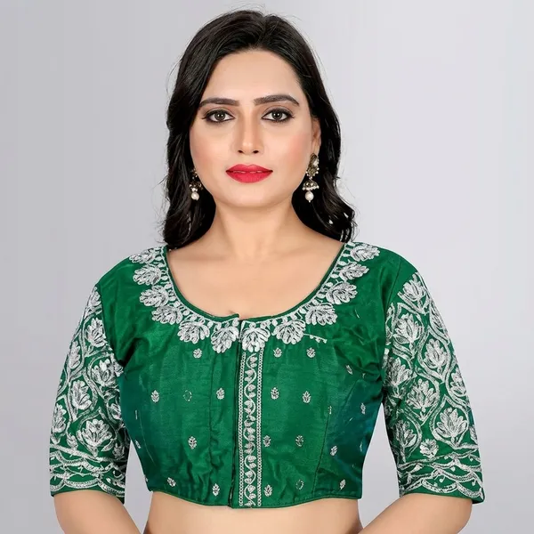 Green_Silk_Round_Neck_Padded_Blouse_For_Women