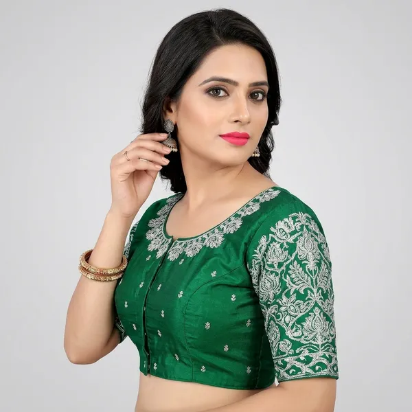 Green_Silk_Round_Neck_Padded_Blouse_For_Women