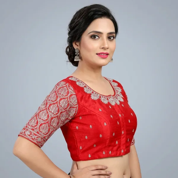 Red_Silk_Padded_Round_Neck_Blouse_For_Women