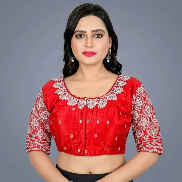 Red_Silk_Padded_Round_Neck_Blouse_For_Women