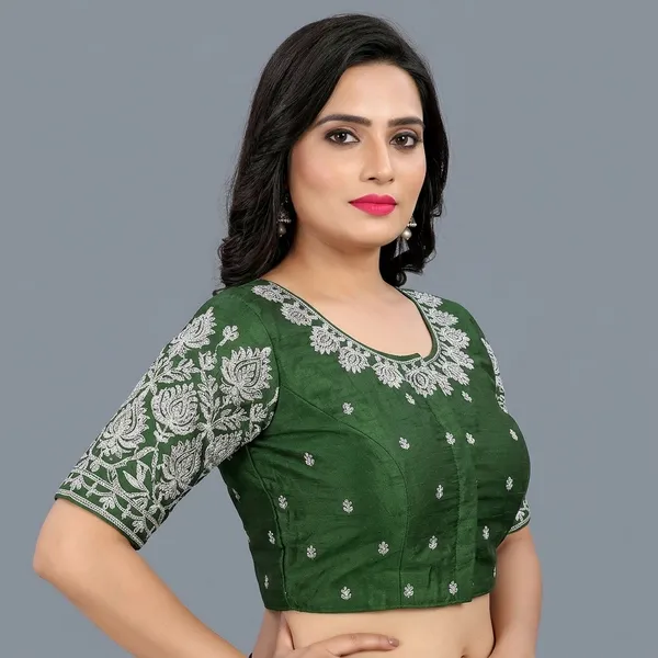 Green_Silk_Padded_Round_Neck_Blouse_For_Women