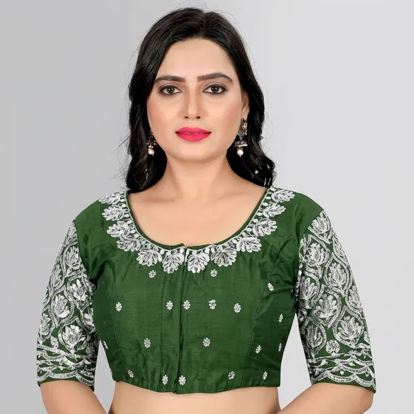 Green_Silk_Padded_Round_Neck_Blouse_For_Women