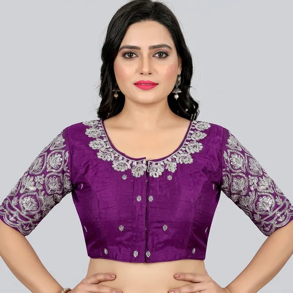 Purple_Silk_Padded_Front_Open_Round_Neck_Blouse_For_Women