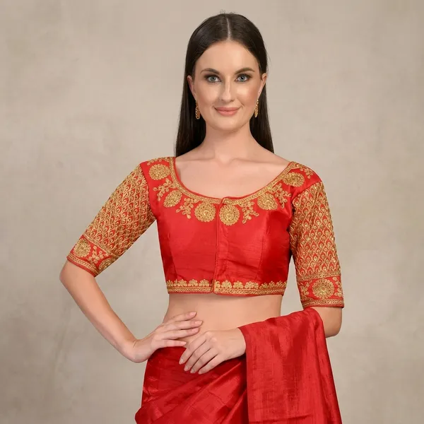 Red_Silk_Padded_Front_Open_Blouse_For_Women