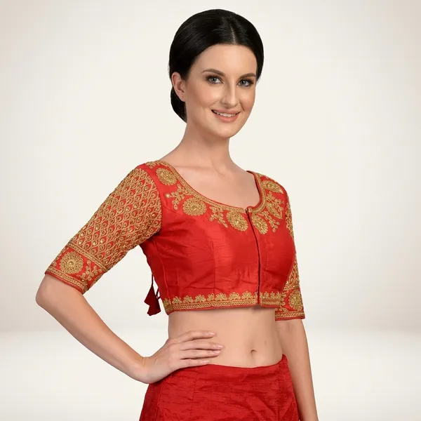 Red_Silk_Padded_Front_Open_Blouse_For_Women