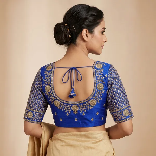 Blue_Silk_Padded_Round_Neck_Blouse_For_Women