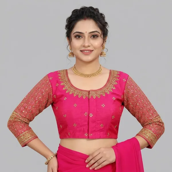 Red_Silk_Round_Neck_Padded_Blouse_For_Women