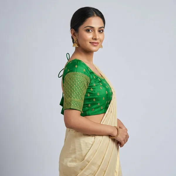 Green_Silk_Padded_Tie-Up_Round_Neck_Blouse_For_Women
