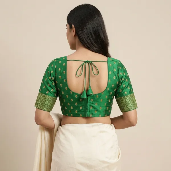 Green_Silk_Padded_Tie-Up_Round_Neck_Blouse_For_Women