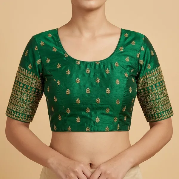 Green_Silk_Padded_Tie_Closure_Round_Neck_Blouse_For_Women