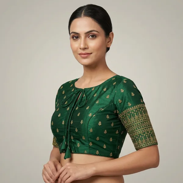 Green_Silk_Padded_Tie_Closure_Round_Neck_Blouse_For_Women