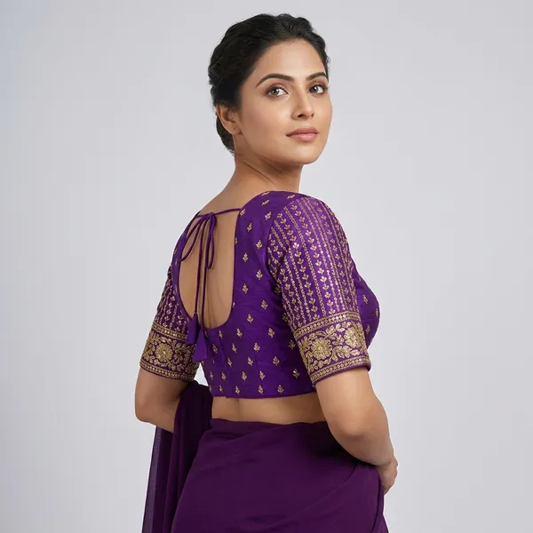 Purple_Silk_Padded_Tie_Closure_Round_Neck_Blouse_For_Women