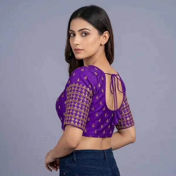 Purple_Silk_Padded_Tie_Closure_Round_Neck_Blouse_For_Women