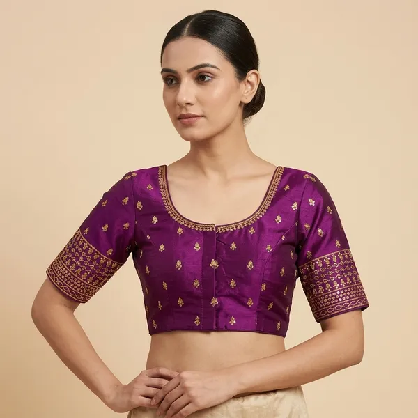 Purple_Silk_Padded_Round_Neck_Blouse_For_Women
