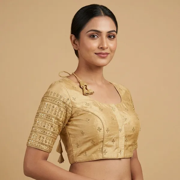 Beige_Silk_Tie_Closure_Padded_Blouse_For_Women