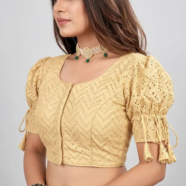 Beige_Silk_Padded_Front_Open_Round_Neck_Blouse_For_Women