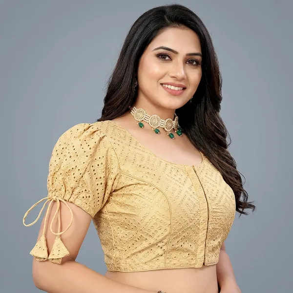 Beige_Silk_Padded_Front_Open_Round_Neck_Blouse_For_Women