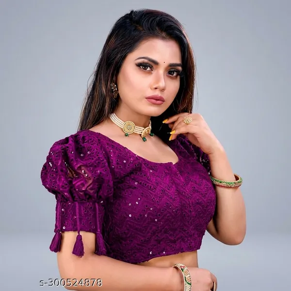 Purple_Georgette_Short_Sleeve_Front_Open_Round_Neck_Blouse_For_Women